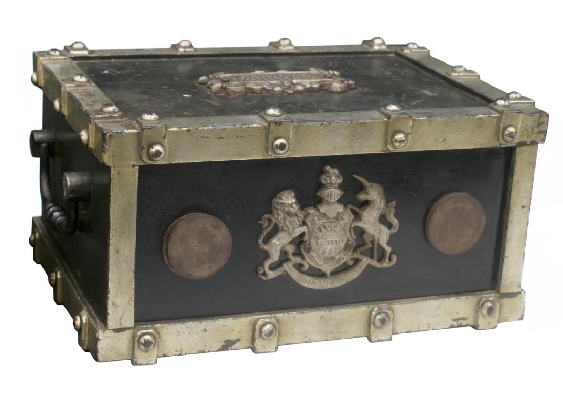 ANTIQUE FRENCH CAST IRON HANDLED STRONG BOX: French cast iron strong box, late 19th/early 20th c., the handled box with central cartouche to top reading "Incombustible Systeme Bauche Brevete S.G.D.G. Usine a Geux", front lockable door (retaining