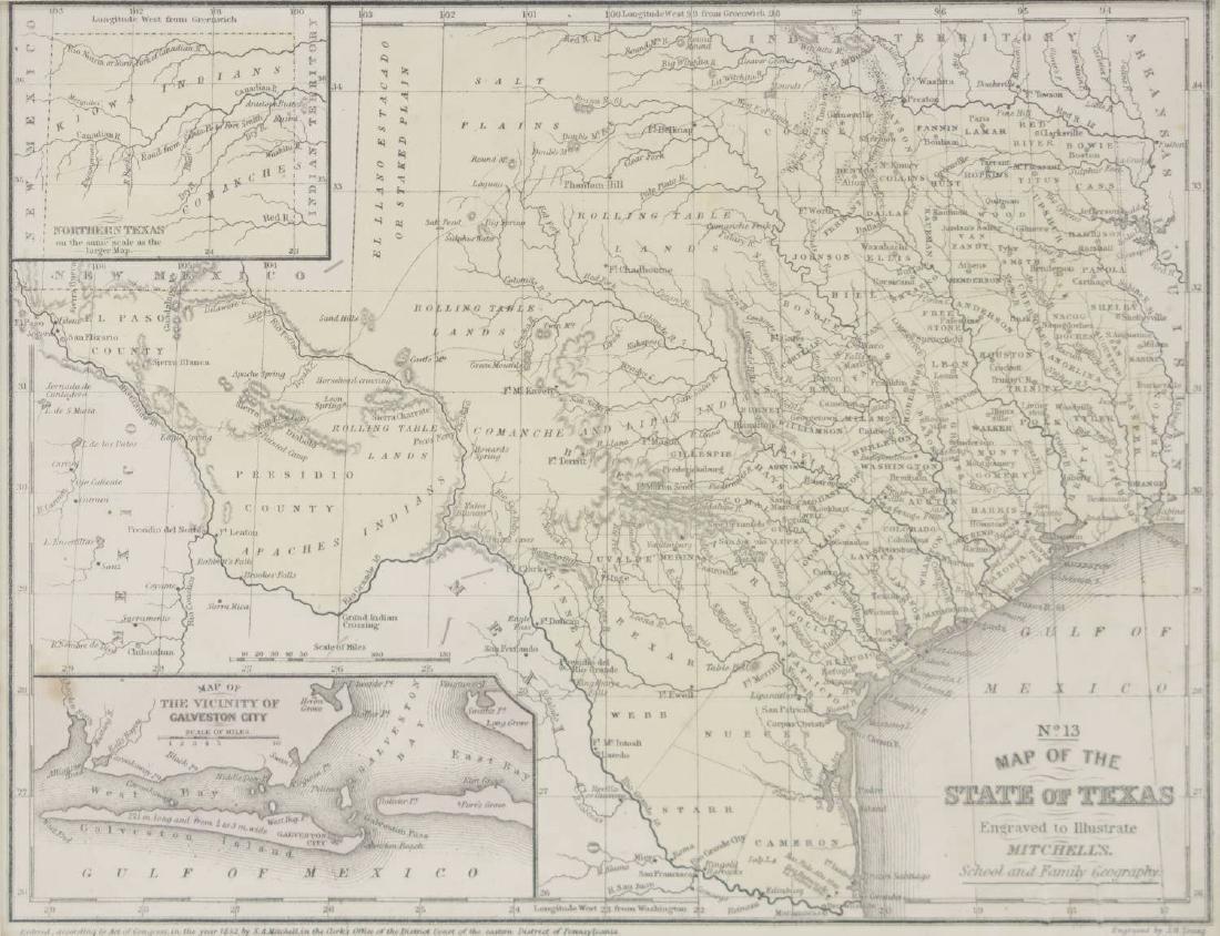 MITCHELL'S MAP OF THE STATE OF TEXAS, 1852: Framed "Map of the State of Texas, Engraved to Illustrate Mitchell's School and Family Geography", 1852 by S.A. Mitchell (Samuel Augustus Mitchell, Philadelphia, 1790-1868), engraved by J.H. Young, ha