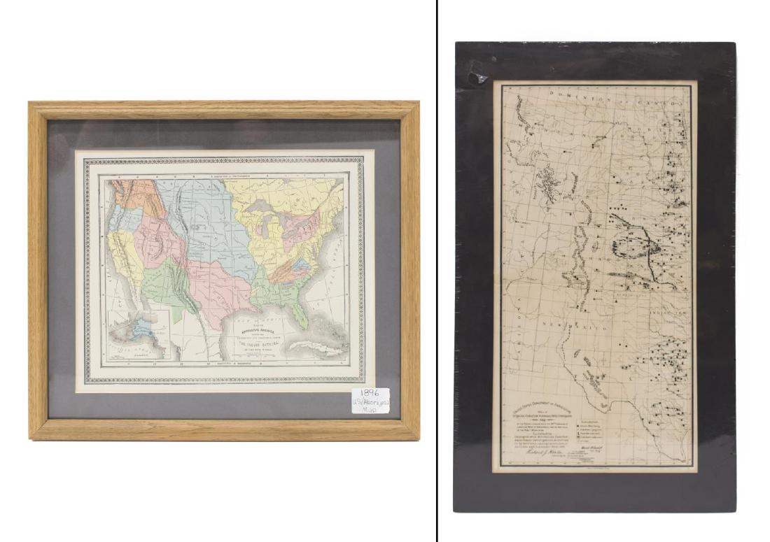 (2) 1893 MAP U.S. INDIAN TERRITORIES & WATER MAP: (lot of 2) Framed "Map of Aboriginal America Showing the Distribution and Territorial Limits of The Indian Nations, In The New World", taken from the "Columbian Atlas of the World We Live In", Hunt & 