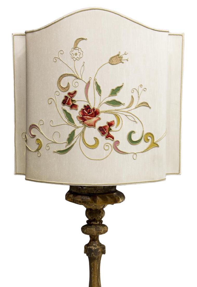 FRENCH GILTWOOD STANDING ALTAR LIGHT FLOOR LAMP: French giltwood altar light early 20th c., now fashioned as a floor lamp, with paint and gilt remnants, rising on a tripartite base, in need of wiring, 63.5"h, 12"w, 12"d Start Price: $200.00