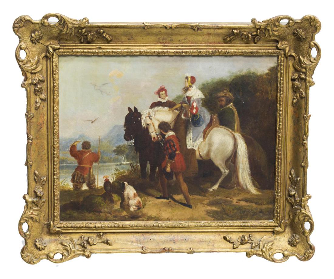 ENGLISH SCHOOL (19TH C) HUNTING LANDSCAPE PAINTING: Framed oil on canvas, Hunting Scene with Nobility and Tudor Guards, signed lower right E. Landseer (English, 19th c., possibly after Edwin Landseer, 1802-1873), sight: 13.75"h, 17.75"w, overall: 20.5"