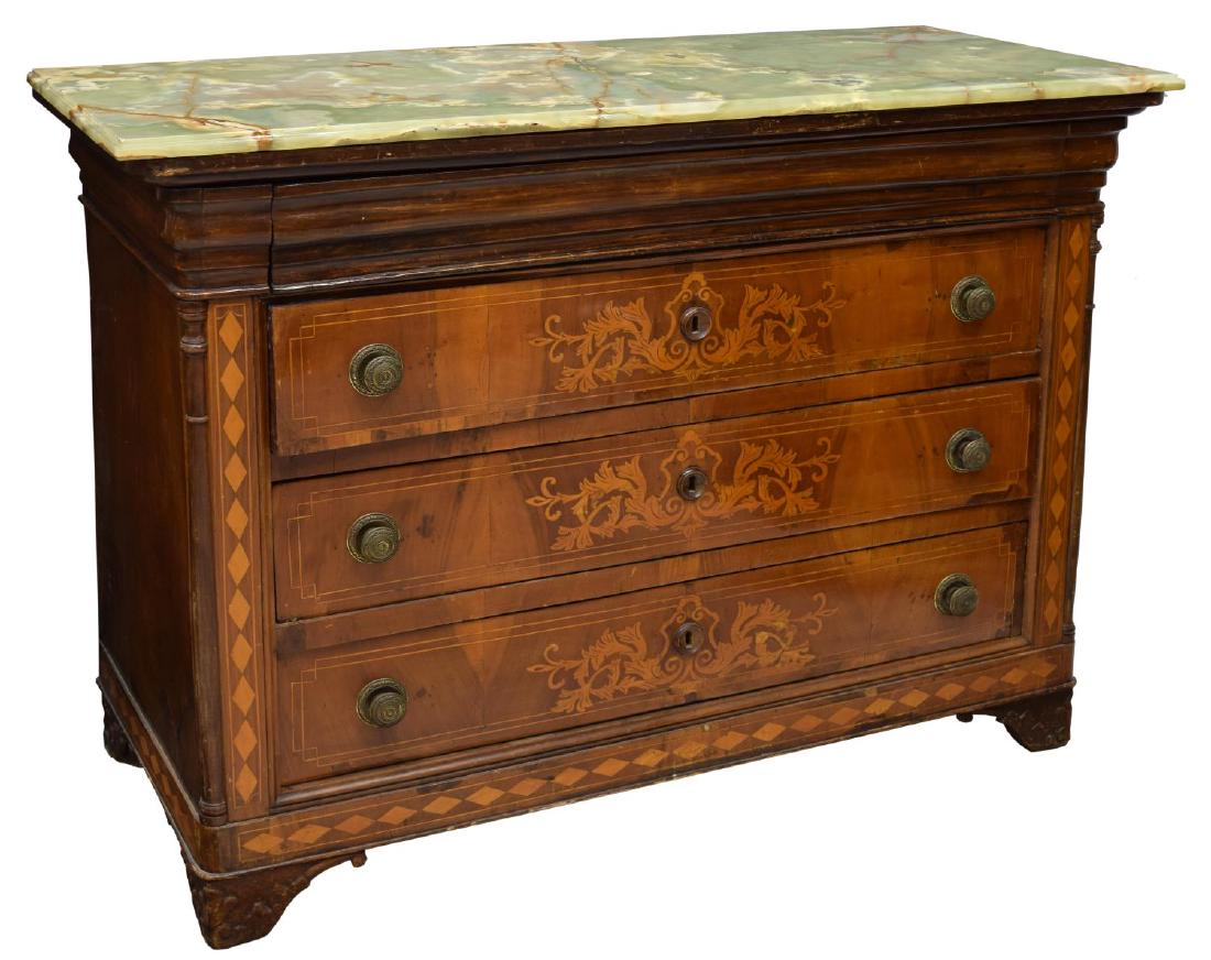 FRENCH CHARLES X STYLE ONYX TOP INLAID COMMODE: French Charles X style inlaid commode, 19th c., the rectangular onyx top having molded edge, over a long concealed drawer, diamond form parquetry trim enclosing three drawers, each with foliate marque