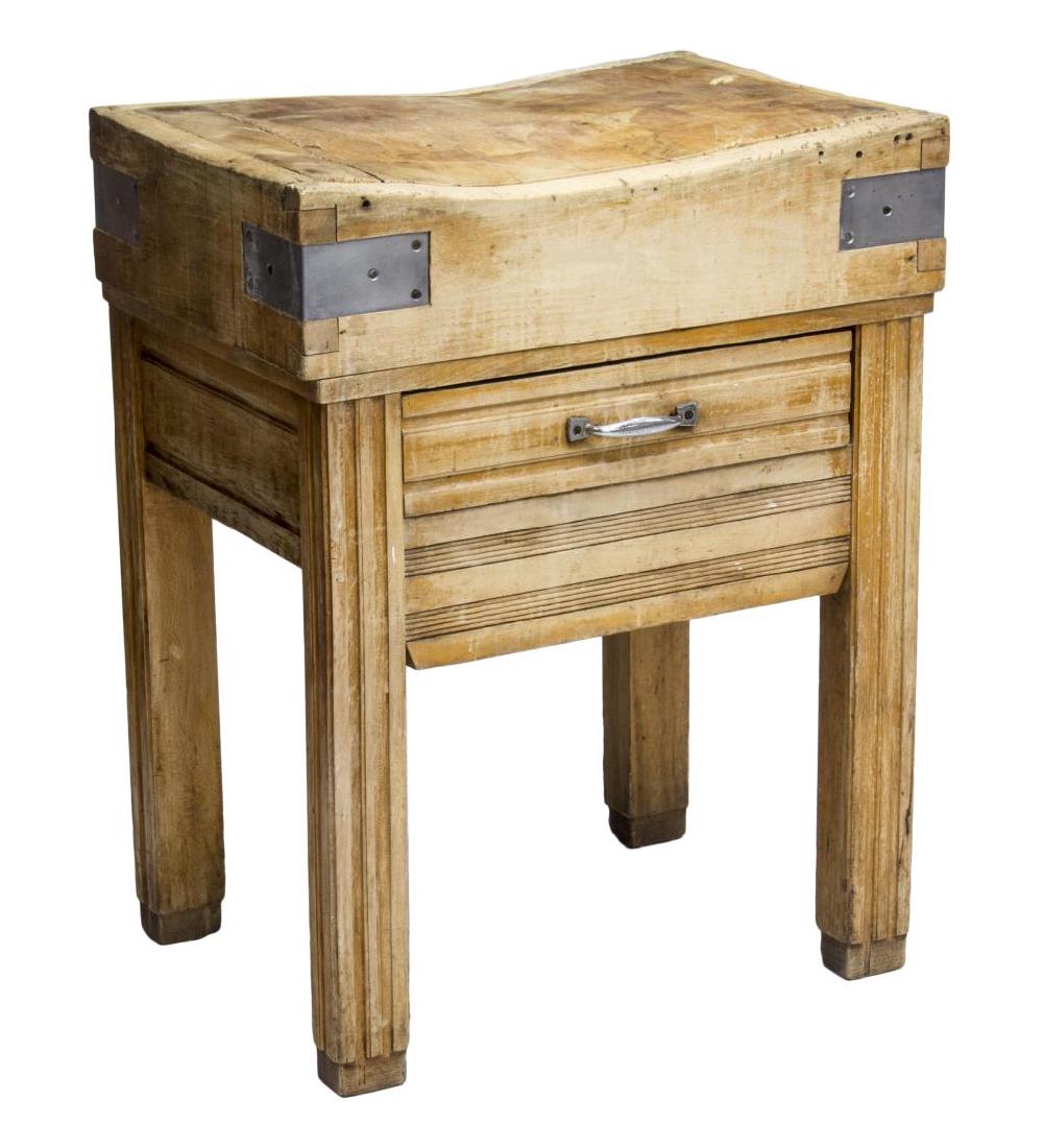 ANTIQUE CONTINENTAL BUTCHER BLOCK WORK TABLE: Continental butcher block work table, early 20th c., having metal bindings, the well used top over a single drawer to one side on square carved legs, 35.5"h, 27.75"w, 19.75"d Start Price: $200.00