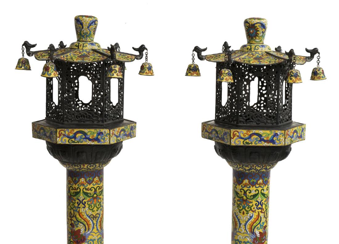 (2) CLOISONNE IMPERIAL YELLOW STANDING LANTERNS: (lot of 2) Chinese cloisonne enamel standing floor lanterns, the removable pagoda form topper, with faux bells hanging from eaves, over column showing polychrome scrolling design and phoenix birds, me