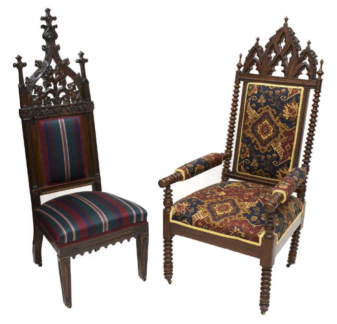 (2) GOTHIC STYLE CARVED CHAIRS: (lot of 2) Gothic style chairs: (1) side chair, the crest with three crosses, foliate carved and pierced decoration over the later striped upholstery, rising on tapered squared supports, 53"h, 19"w, 2