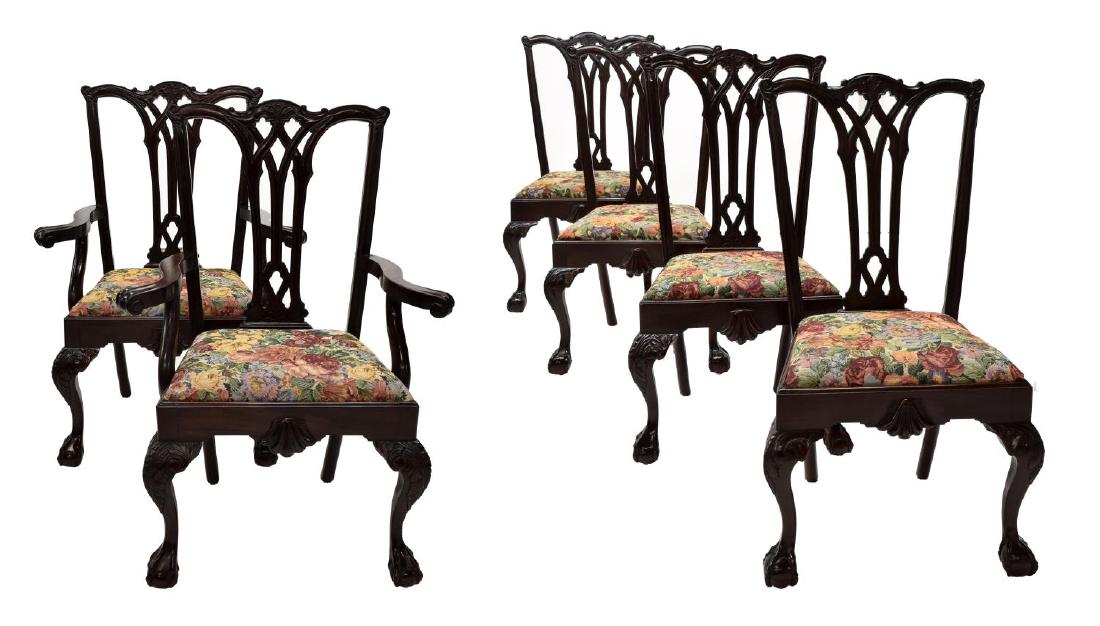 (6)CHIPPENDALE STYLE CARVED MAHOGANY DINING CHAIRS: (set of 6) Chippendale style carved mahogany chairs, comprising (2) arm and (4) side chairs, each having foliate accented ears and crest over openwork splat, later tapestry seats, rise on well carved