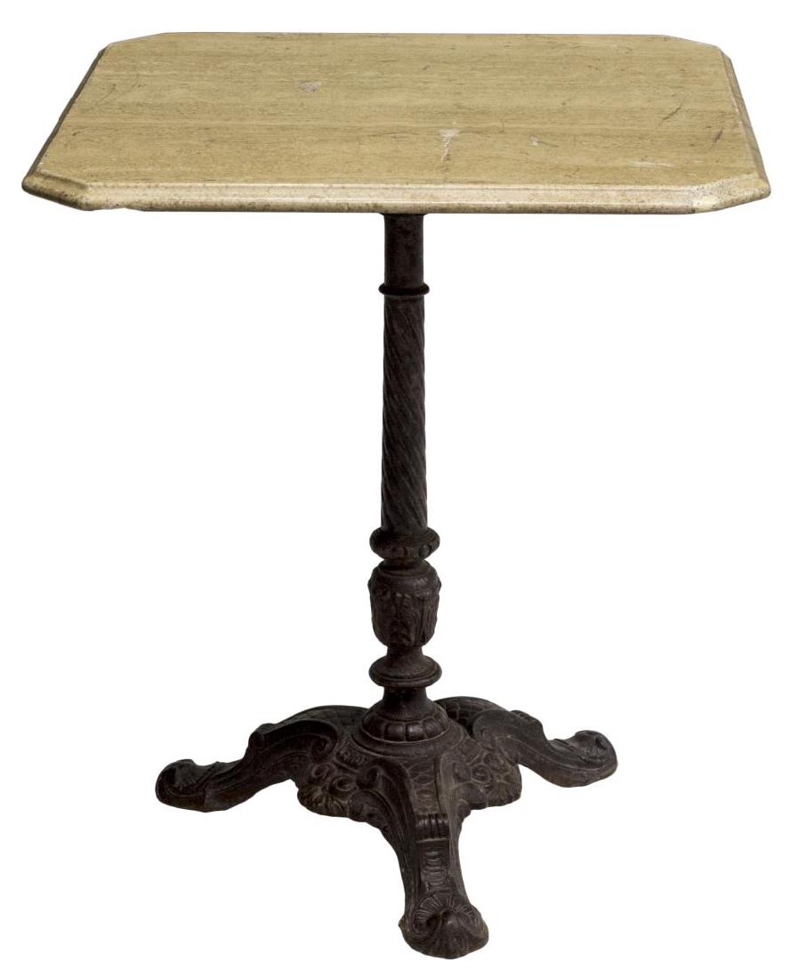 ANTIQUE FRENCH CAST IRON & MARBLE BISTRO TABLE: French marble top bistro table, early 20th c., squared marble top having canted corners, rising on the cast iron standard and tripartite base terminating in shell decorated feet, base marked ?Beary?, 