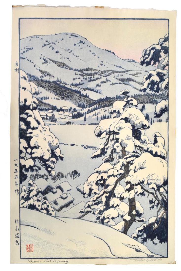 TOSHI YOSHIDA (JAPANESE 1911-95) MYOKO HOT SPRING: Unframed color woodblock print, â€œ Myoko Hot Springâ€, signed in pencil lower right Toshi Yoshida (Japanese 1911-1995), inscribed in Japanese in margin, titled lower margin, stamped in plate,