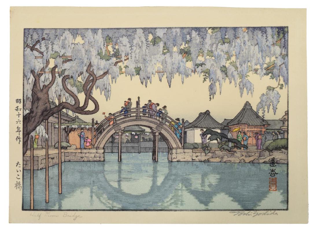TOSHI YOSHIDA (JAPANESE 1911-95) HALF MOON BRIDGE: Unframed color woodblock print, â€œ Myoko Hot Springâ€, signed in pencil lower right Toshi Yoshida (Japanese 1911-1995), inscribed in Japanese in margin, titled lower margin, stamped in plate,