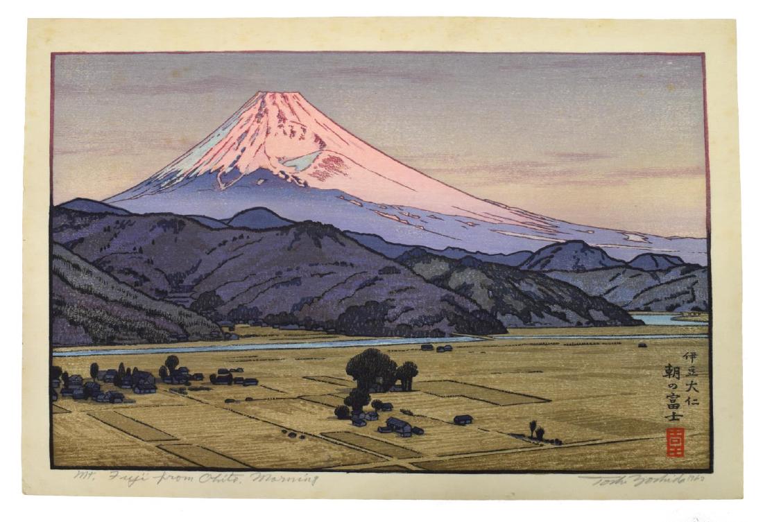 TOSHI YOSHIDA (JAPANESE 1911-1995) MT FUJI OHITO: Unframed color woodblock print, â€œMount Fuji from Ohito, Morningâ€, signed and titled in pencil lower margin, Toshi Yoshida (Japanese 1911-1995), inscribed in Japanese and stamped in plate, im