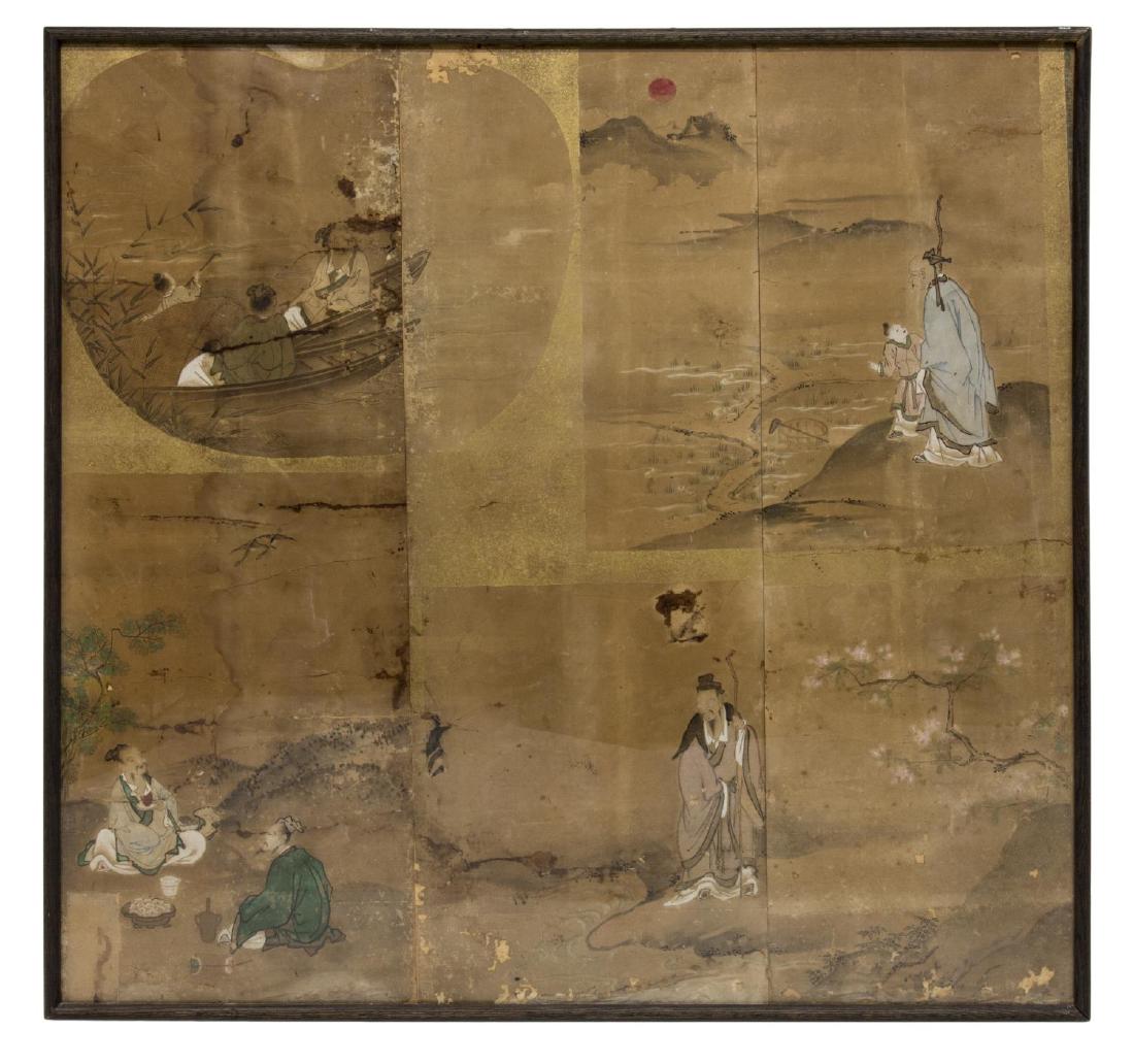 FRAMED CHINESE MING DYNASTY PAINTED SCREEN: Framed under glass Chinese painted screen, Ming Dynasty (1368â€“1644), three panels depicting figures in boats, walking along mountain path, and seated, toning, staining, loss throughout, sight: