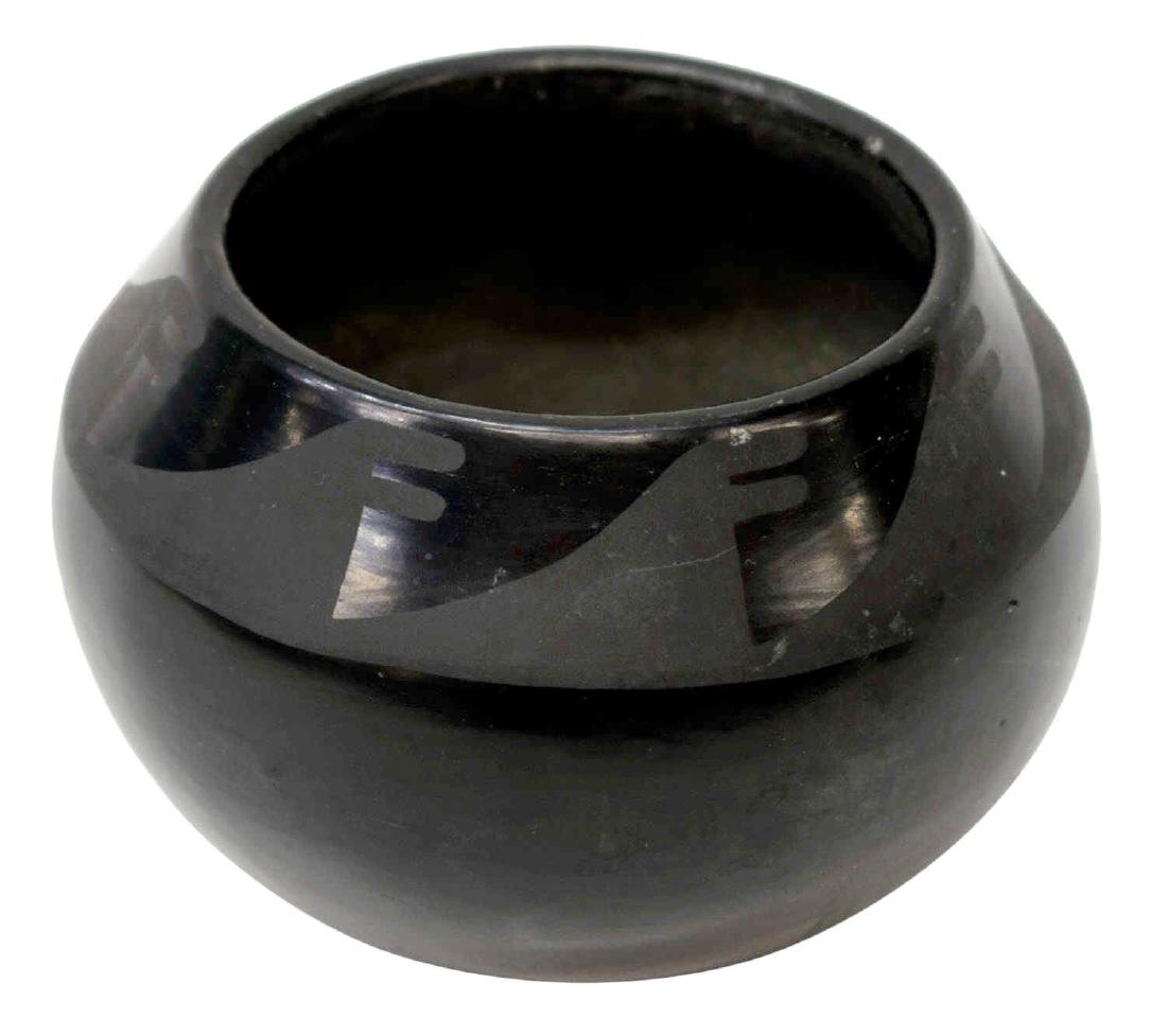 MARIE & SANTANA MARTINEZ BLACK ON BLACK BOWL 3"H: San Ildefonso Pueblo, New Mexico, black decoration on black pottery bowl, signed at under side Marie / Santana (Maria Martinez, 1887-1980), Santana Martinez (wife of Adam, Marie's son, 1909-2002), 3"h