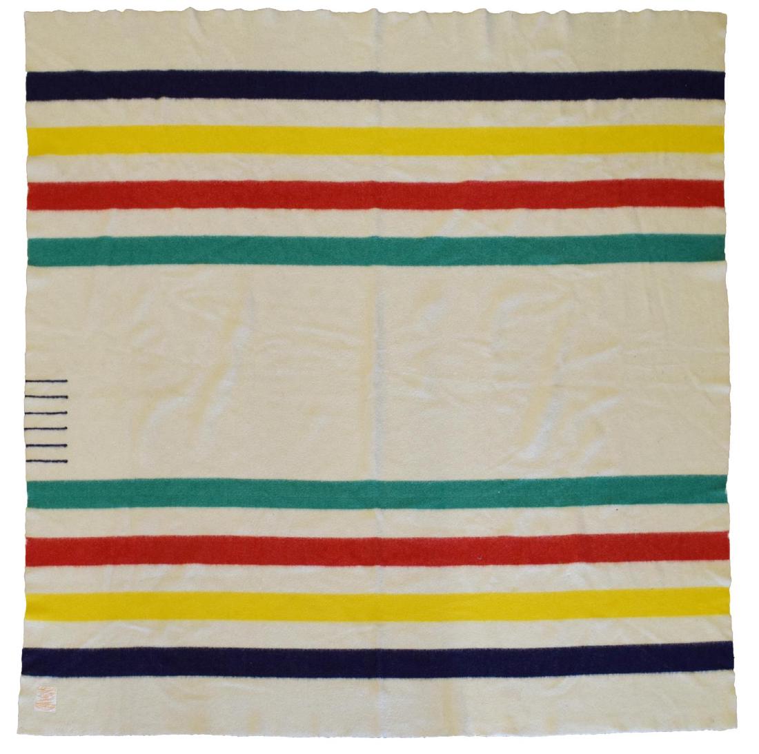 HUDSON'S BAY POINT STRIPPED WOOL BLANKET: Hudson's Bay Point wool blanket, showing classic green, red, yellow and indigo stripes on a white background, some wear, holes and stains, 89"w, 97"l, 7lbs Start Price: $50.00
