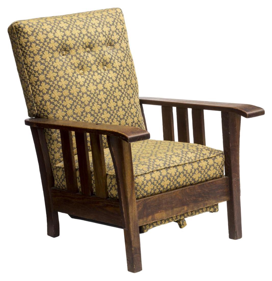 ARTS & CRAFTS ROYAL EASY CHAIR PULL OUT FOOTREST: Arts and Crafts oak Royal Easy Chair, the lounge chair having an upholstered backrest and seat with flat armrests and squared legs, a push button to the right arm that activates recline, pull out foot