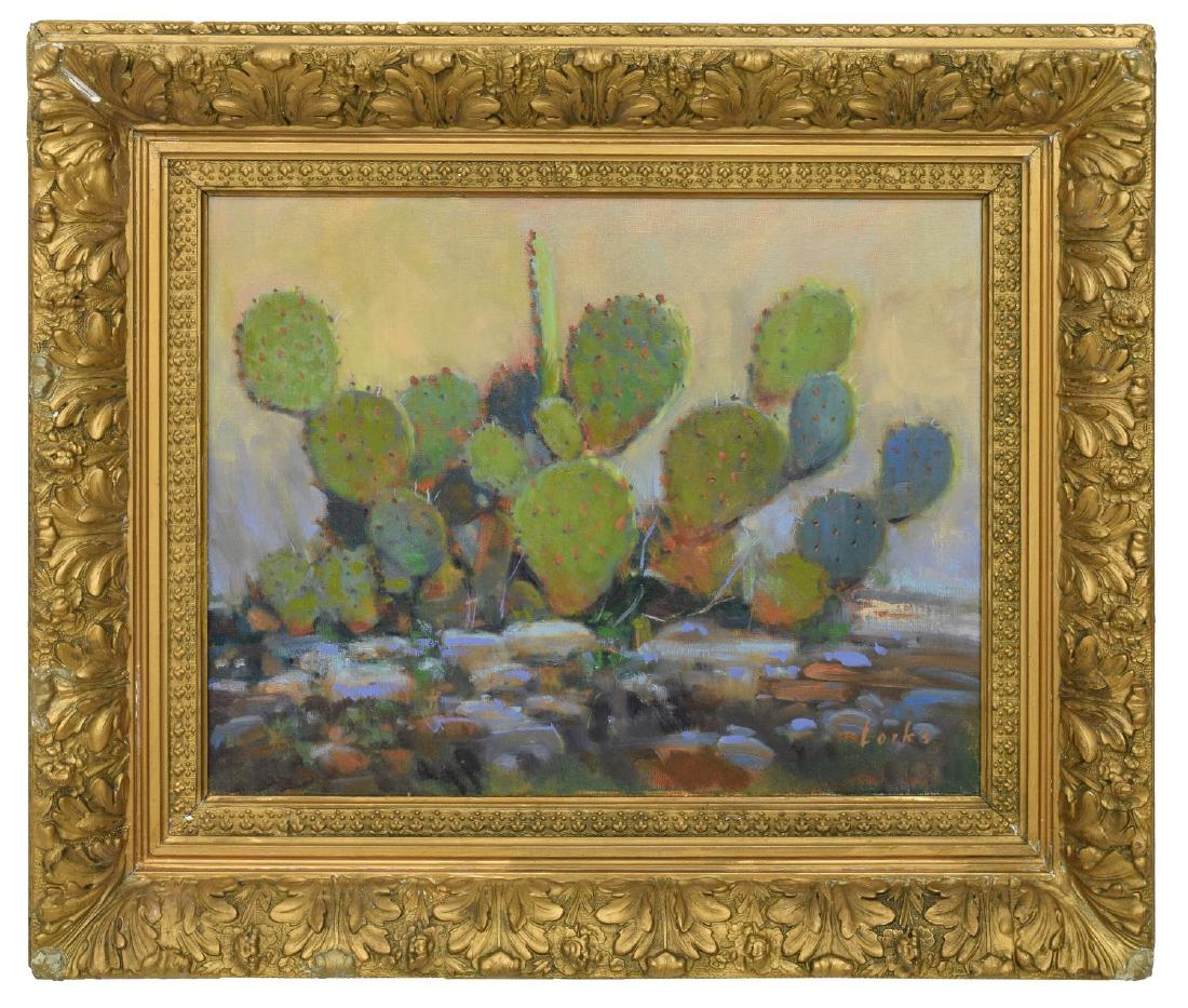 DAVID FORKS (TEXAS B. 1957) 'CACTUS OIL PAINTING: Framed oil on canvas, "Cactus at Linda's Place", signed lower right Forks (David Forks, Texas, b. 1957), titled verso, sight: 15.5"h, 19.5"w, overall: 24.5"h, 28.5"w, 11lbs Start Price: $400.00