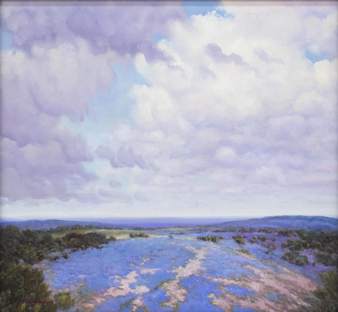 RICK MORRIS PATTERSON (TEXAS B. 1958) BLUEBONNETS: Framed oil on board, Texas Landscape with Bluebonnets, 2014, signed lower left R. Morris Patterson (Texas, b. 1958), sight: 12.25"h, 13.25"w, overall: 17.75"h, 18.75"w, 6lbs Start Price: $100.00