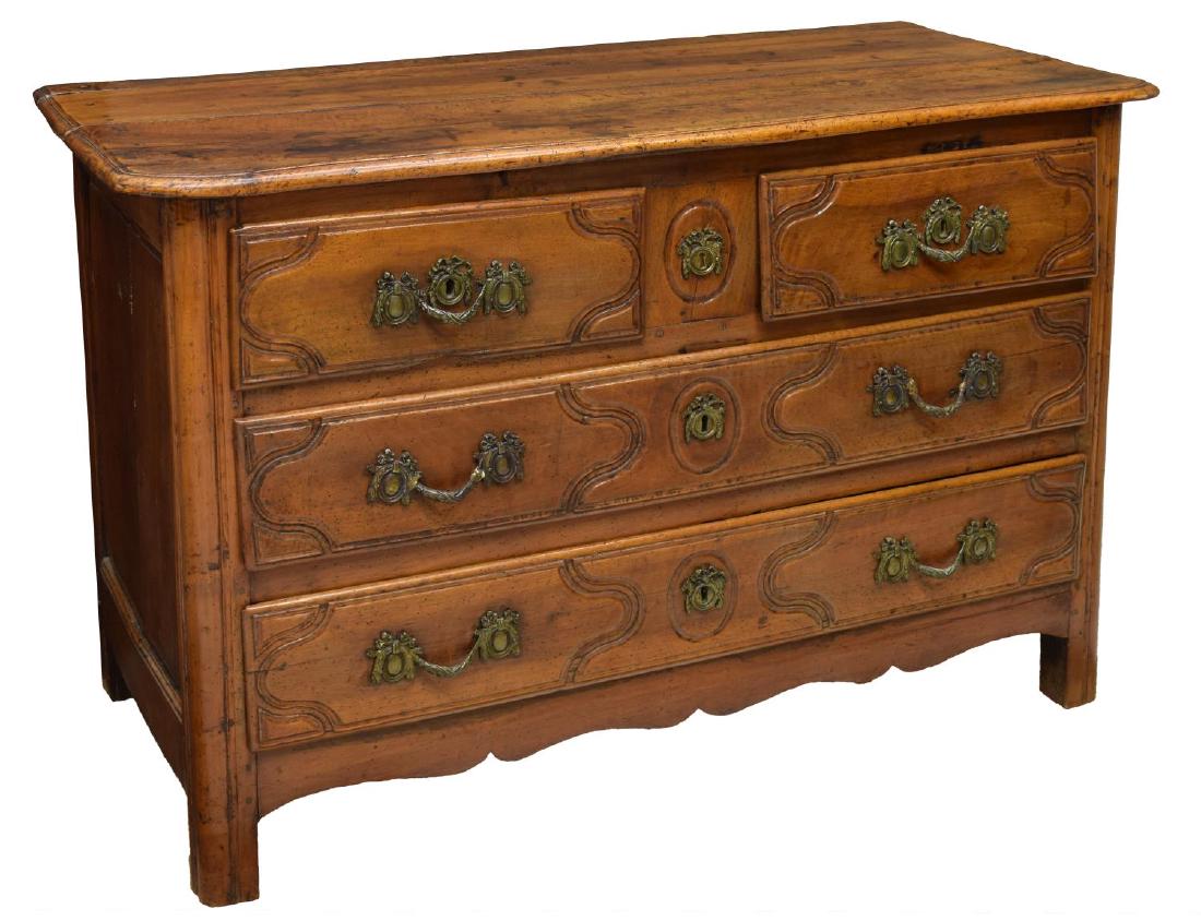 FRENCH LOUIS XV COMMODE, 18TH C.: French Louis XV walnut commode, 18th c., having two short drawers over two long drawers, rising on straight supports, likely reduced height, 32.5"h, 50"w, 22.75"d Start Price: $800.00