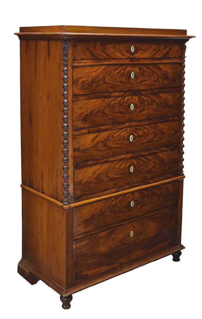 SWEDISH BIEDERMEIER SEVEN DRAWER CHEST 19TH C: Swedish Biedermeier mahogany chest of drawers, first half of 19th c., the rectangular case fitted with seven drawers all centered by carved mother of pearl escutcheons, flanked by turned pilasters, ri