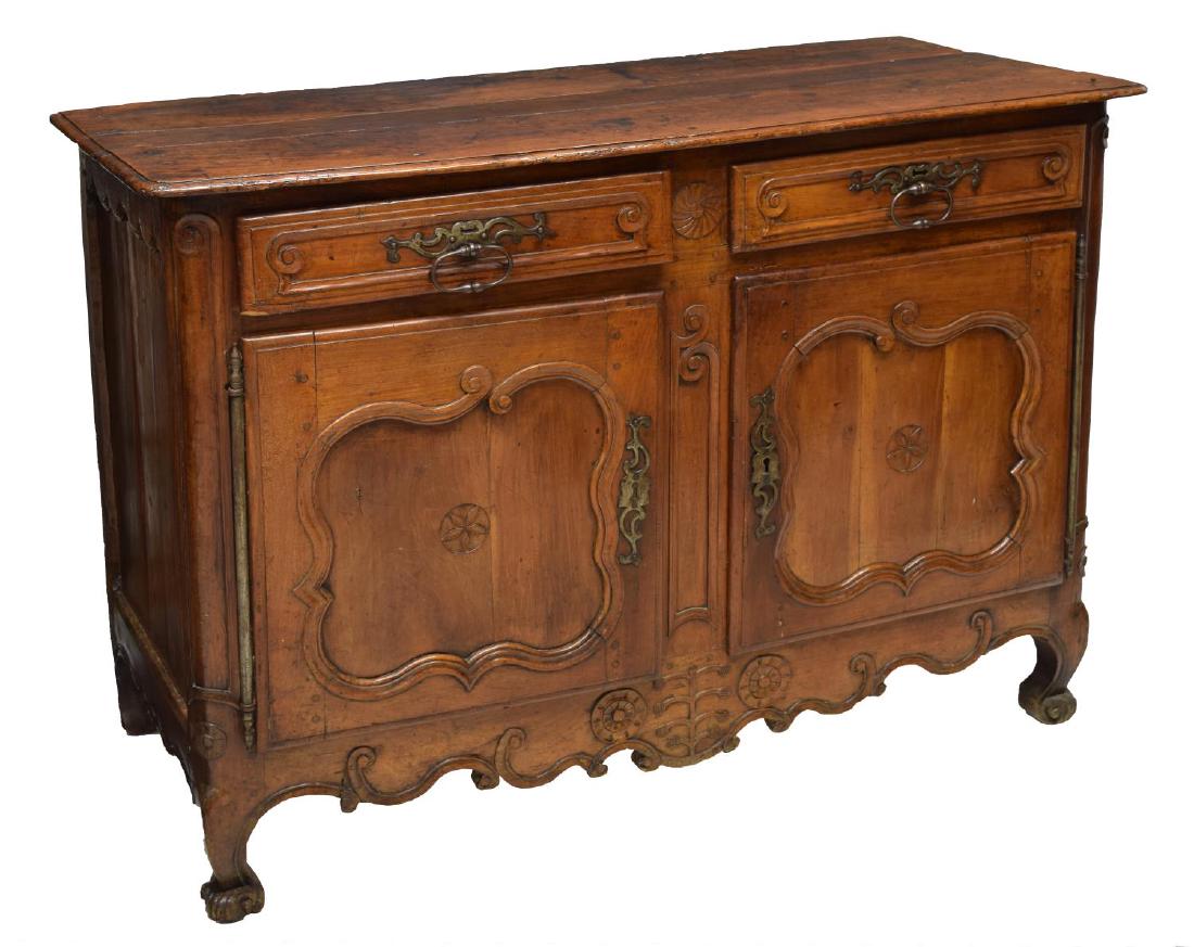 FRENCH LOUIS XV 18TH C. SIDEBOARD: French Louis XV sideboard, 18th c., the rectangular top over two frieze drawers and two doors, rising on short scroll foot cabriole legs, 39"h, 56.5"w, 24.25"d Start Price: $600.00