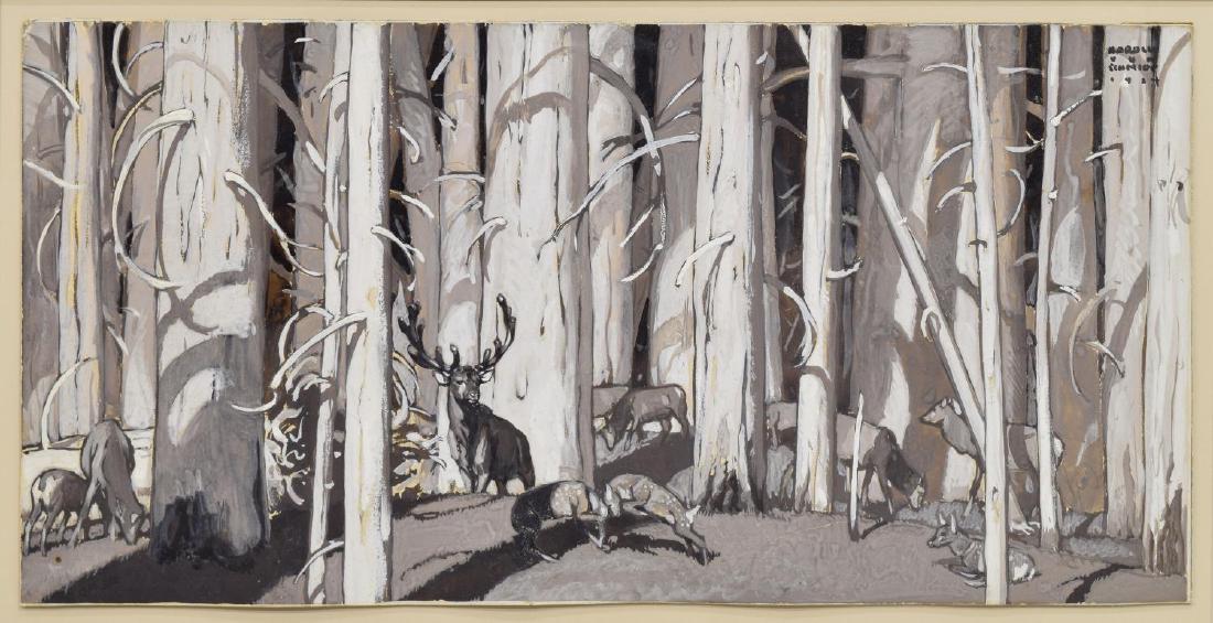 HAROLD VON SCHMIDT (1893-1982) DEER PAINTING: Framed gouache and watercolor on board, Deer Family in Grisaille, 1924, signed upper right Harold Von Schmidt (New York, California 1893-1982), sight: 10.25"h, 21.25"w, overall: 20.5"h, 31"w, Start Pr