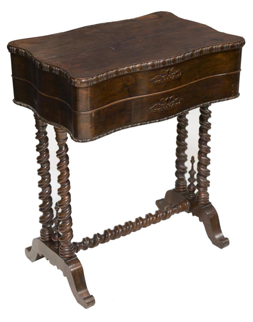 AMERICAN MAHOGANY SEWING TABLE: American Empire mahogany sewing table, 19th c., retaining the mark of Groome, Hixon & Co., Boston, a lift top opening to a removable worn sewing organizer over a lower drawers, rising on a stretcher j