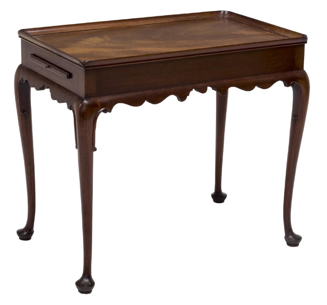 KITTINGER WILLIAMSBURG REPRODUCTION TEA TABLE: Kittinger Colonial Williamsburg Reproduction mahogany tea table, 20th c., rectangular with two pull out trays over the scalloped skirt, rising on cabriole supports, wood loss at one tray, 26.5"h, 30"w