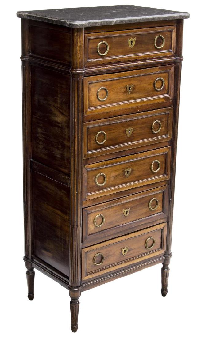 LOUIS XVI SYTLE MARBLE TOP CHEST OF DRAWERS: Louis XVI style chest of drawers, early 20th c., the upright case surmounted by a marble top, over six drawers, each with ring handle and shield form escutcheon, raised on tapered fluted legs, filled 