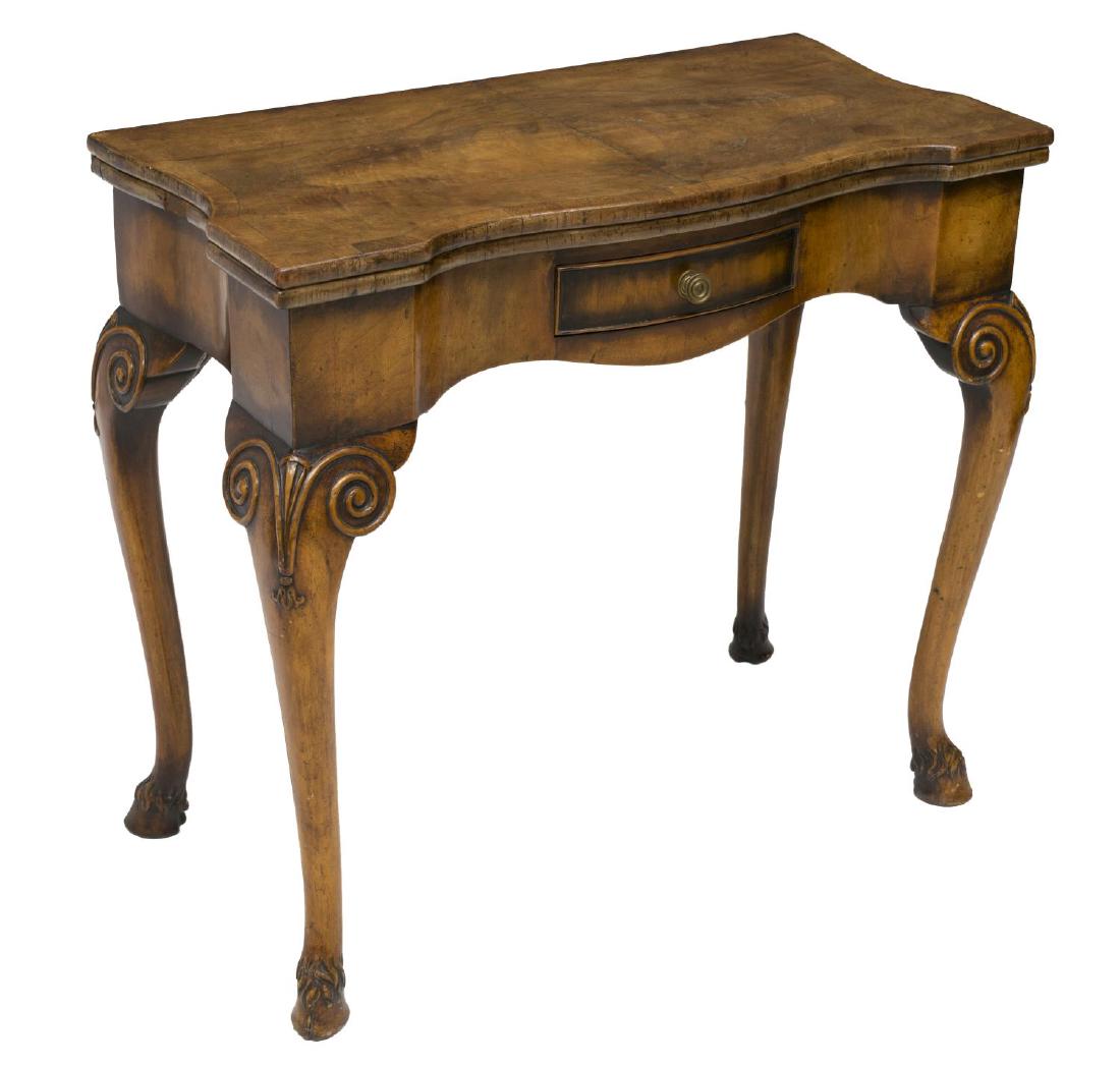 AMERICAN FOLD TOP GAME TABLE: American fold top table, c. 1900, the top opens to a felt surface with square wood trays at each corner, a single frieze drawer, all rising on hoof foot cabriole legs, 29.25"h, 31.5"w, 15.5"d Start Pr