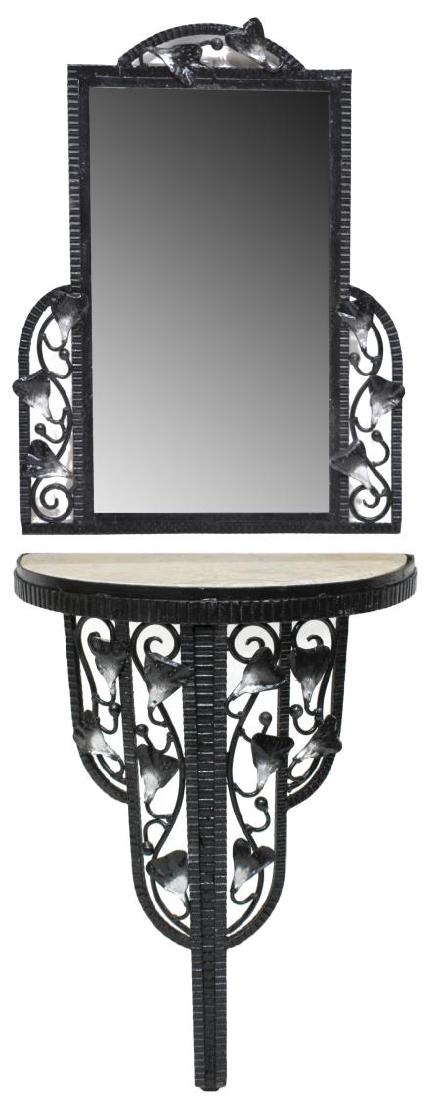 ART DECO STYLE FOLIATE MIRRORED WALL CONSOLE TABLE: Italian Art Deco style iron mirrored wall console table, leafy foliate vines, enclosing central beveled plate of rectangular form, over table of demilune form variegated marble top over single leg, ha