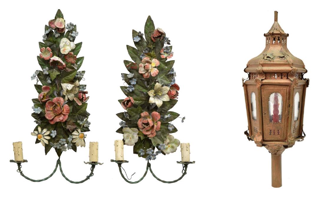 (3) ITALIAN METAL WALL SCONCES & COACH LANTERN: (lot of 3) Italian metal light fixtures, including: (2) polychrome enameled two-lights wall sconces, each standard decorated with foliates, issuing two faux candles, in need of new wiring, some losses