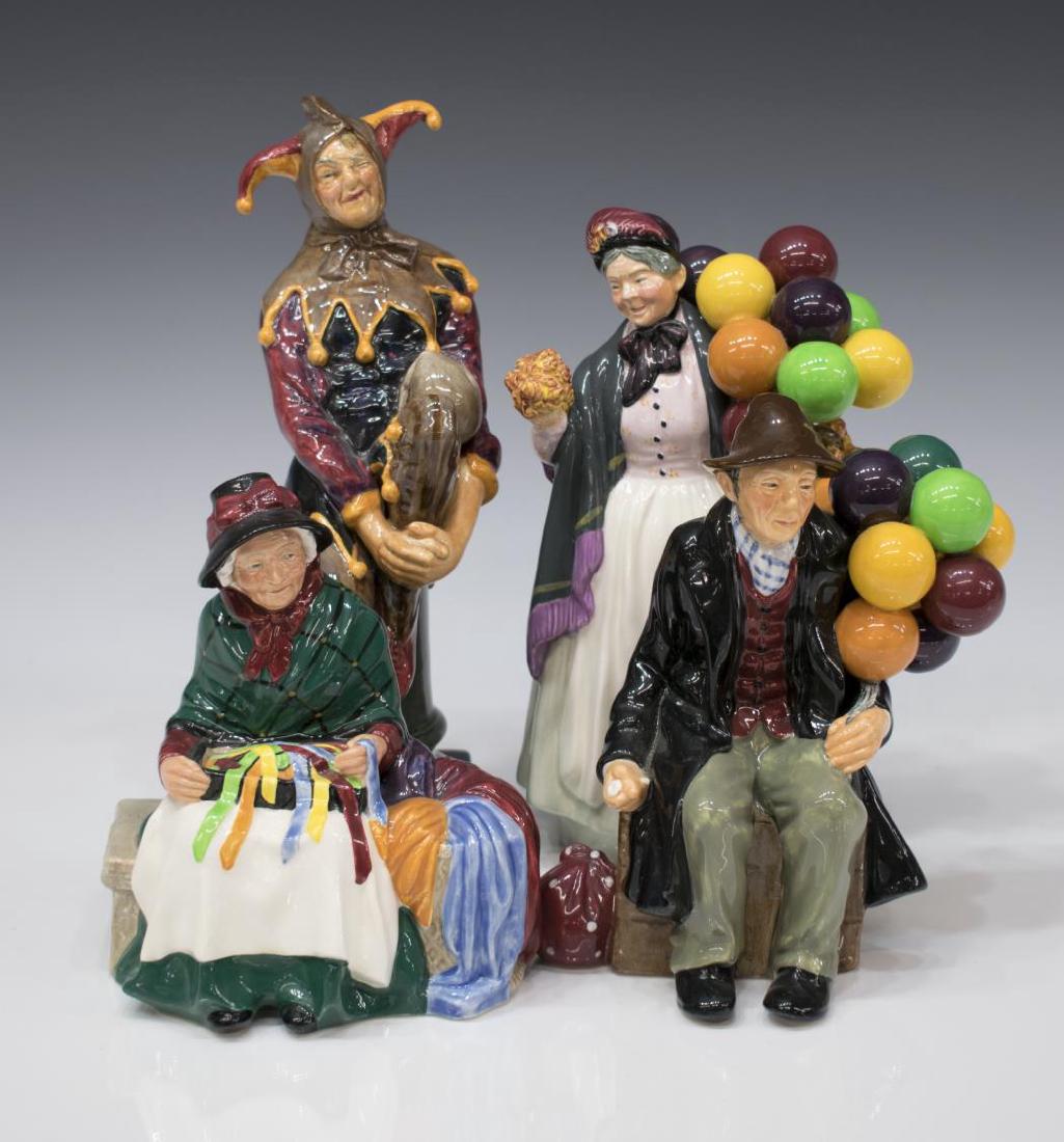 (4) COLLECTION ROYAL DOULTON PORCELAIN FIGURE: Royal Doulton porcelain figure: (1) "The Jester", HN 2016,10"h; (1) "The Balloon Man", HN 1954, 7"h; (1) "Biddy Penny Farthing", HN 1843, 8.75"h; (1) "Silks and Ribbons", HN 2017, 6.5"h; 5lbs total St