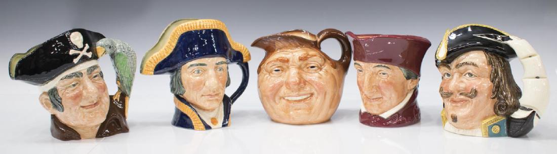 (5) LARGE ROYAL DOULTON CHARACTER TOBY JUGS: (lot of 5) Royal Doulton porcelain toby character jugs: (1) "Captain Henry Morgan", D 6467, 7"h; (1) "Lord Nelson", D 6336, 7.75"h; (1) "Long John Silver", D 6335, 6"h; (1) "The Cardinal", 6.25"h; (1)
