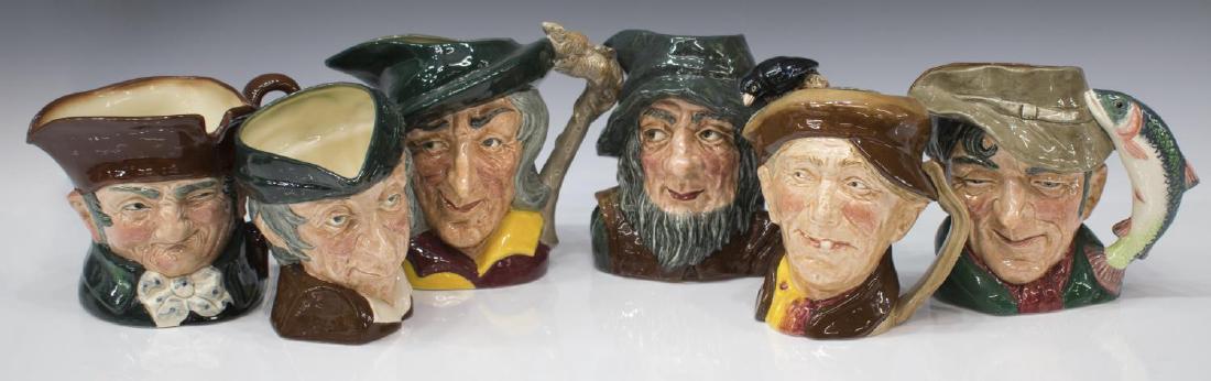 (6) LARGE ROYAL DOULTON CHARACTER TOBY JUGS: (lot of 6) Royal Doulton porcelain toby character jugs: (1) "The Poacher", D 6429, 6.75"h; (1) "Pied Piper", D 6403, 7.25"h; (1) "Rip Van Winkle", D 6438, crazing to base, 7"; (1) "Simple Simon", D 63