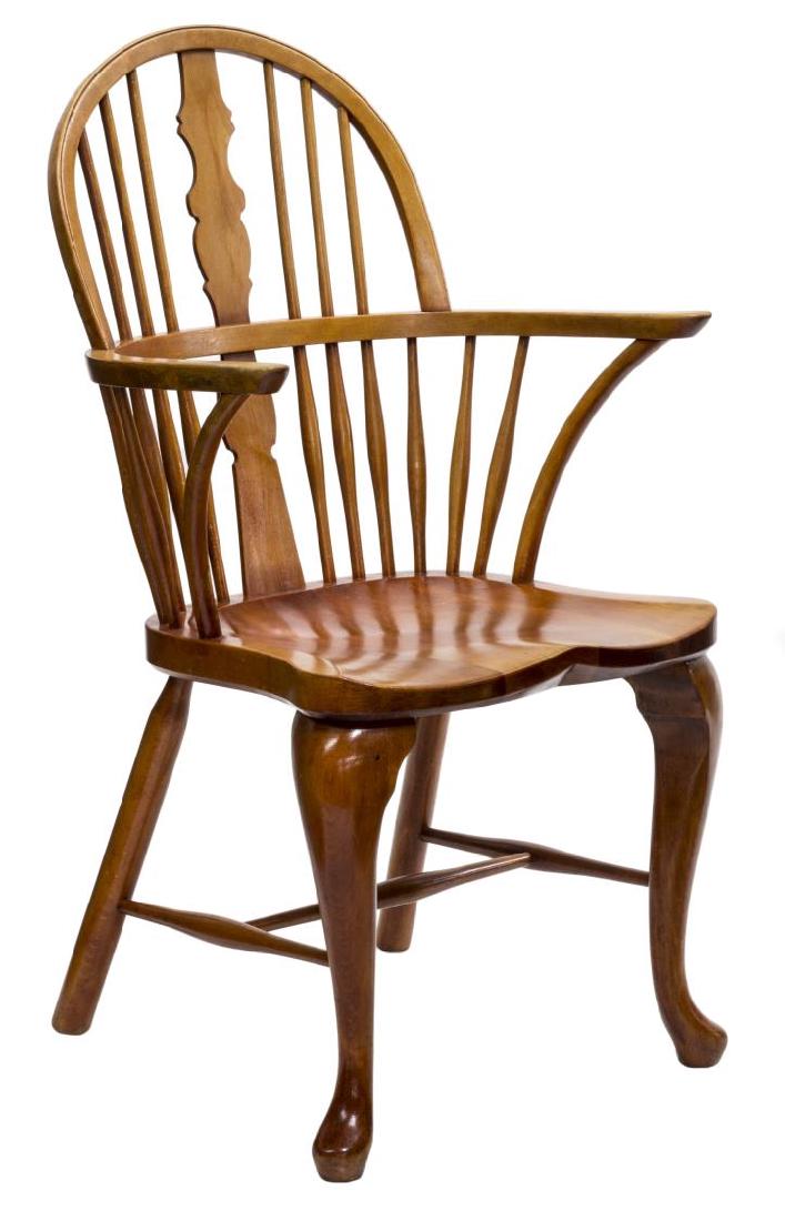 DANISH OAK WINDSOR STYLE ARM CHAIR: Danish oak Windsor style arm chair, the arched top rail over spindled back with central shaped splat, curved open arms, formed seat, rising on joined cabriole legs, approx 38.5"h, 22.25"w, 23"d Start 