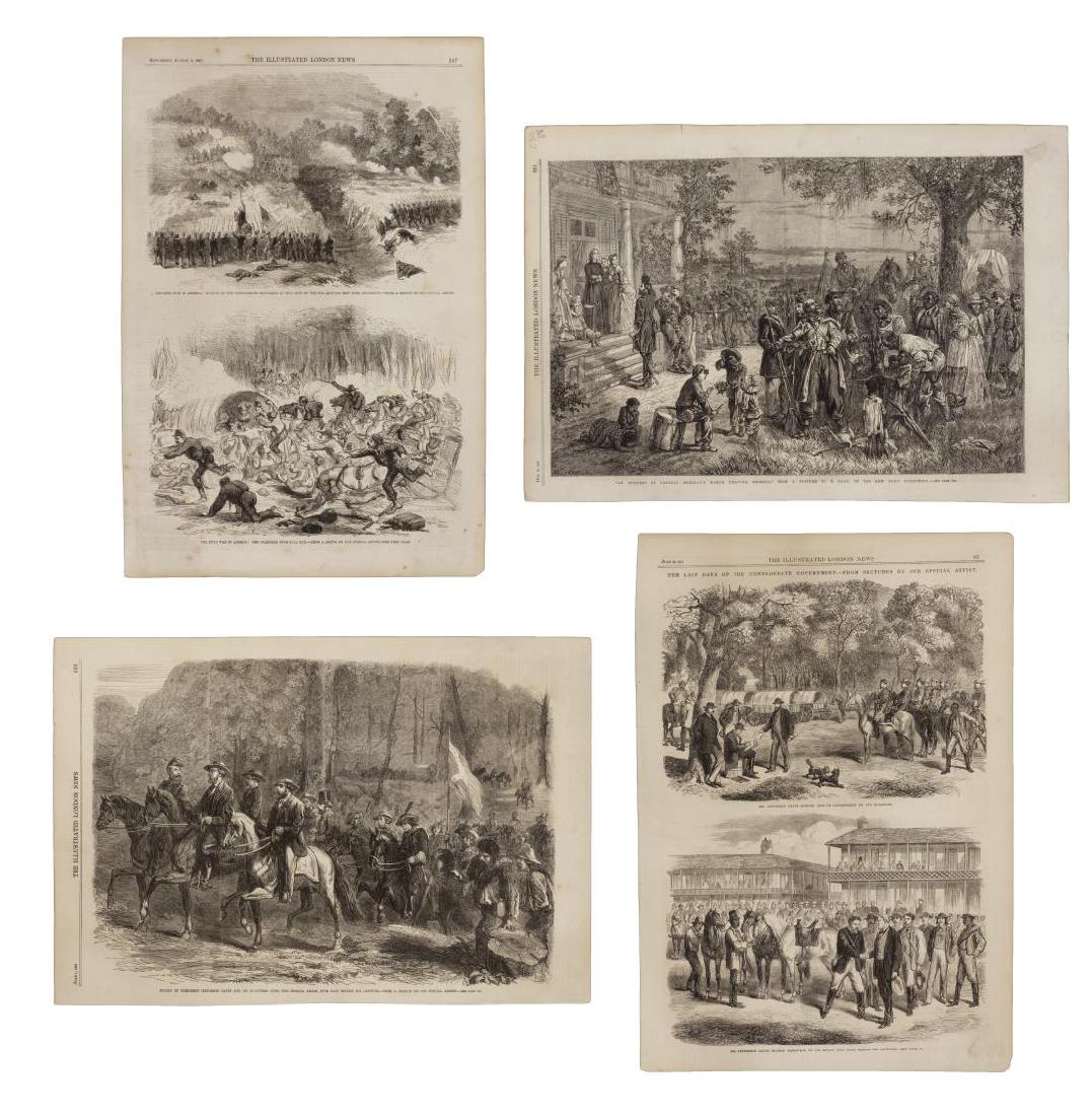 (4) U.S. CIVIL WAR ILLUSTRATIONS, JEFF DAVIS: (lot of 4) Unframed U.S. Civil War illustrations from "The Illustrated London News": (1) July 1, 1865, Flight of President Jefferson Davis; (1) July 22, 1865, Davis signing CSA documents on roadside a