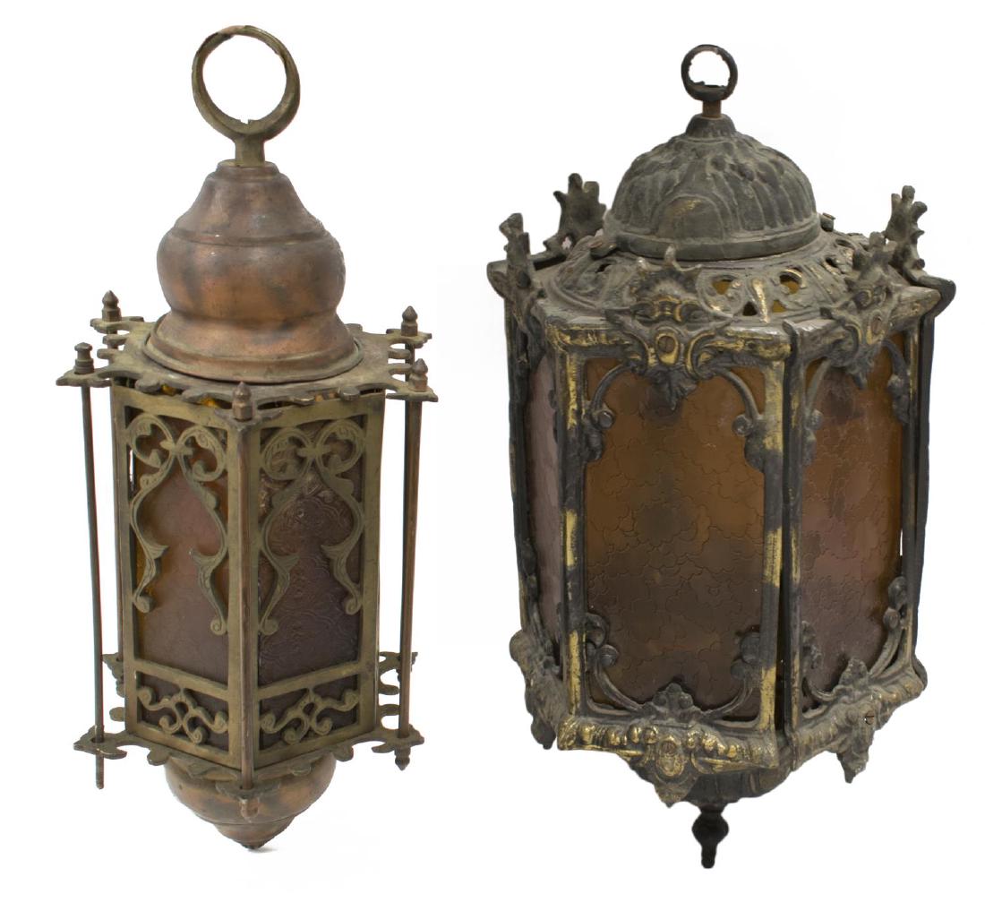 (2) EGYPTIAN GILT METAL GLASS INSET LANTERNS: (lot of 2) Egyptian brass and metal chandeliers, each having inset textured glass panels, in need of wiring, some repairs, dents, loss of hardware, smaller lacking one glass panel, largest: 19"h Start