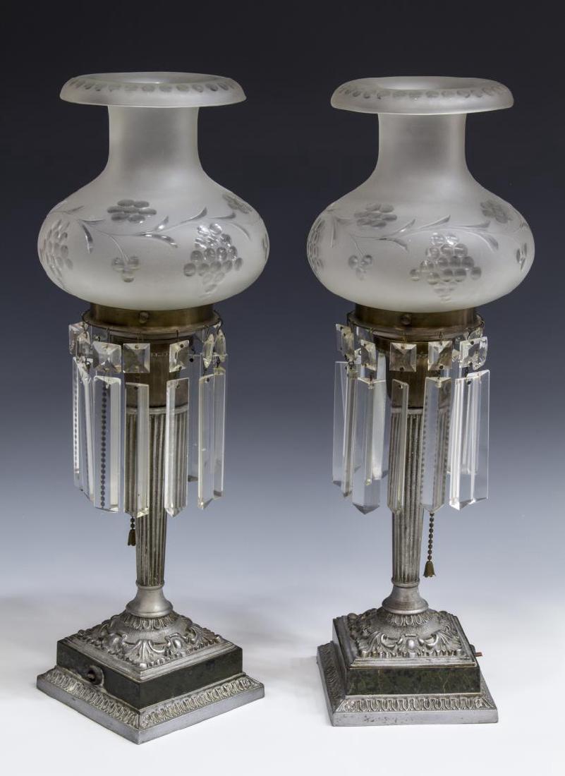 (2) FROSTED & ETCHED ASTRAL PRISM TABLE LAMPS: (lot of 2) Astral table lamps, each with a frosted and etched shade over a single light, over hanging prisms, over the silvered fluted column form standard, rising on squared base, in need of wiring,