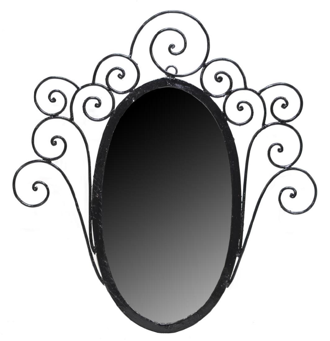VINTAGE ITALIAN SCROLLED IRON OVAL WALL MIRROR: Vintage Italian iron mirror, painted black scrolls cresting the oval beveled mirror plate, some paint loss, approx 35"h, 35.5"w, 17.75lbs Start Price: $60.00