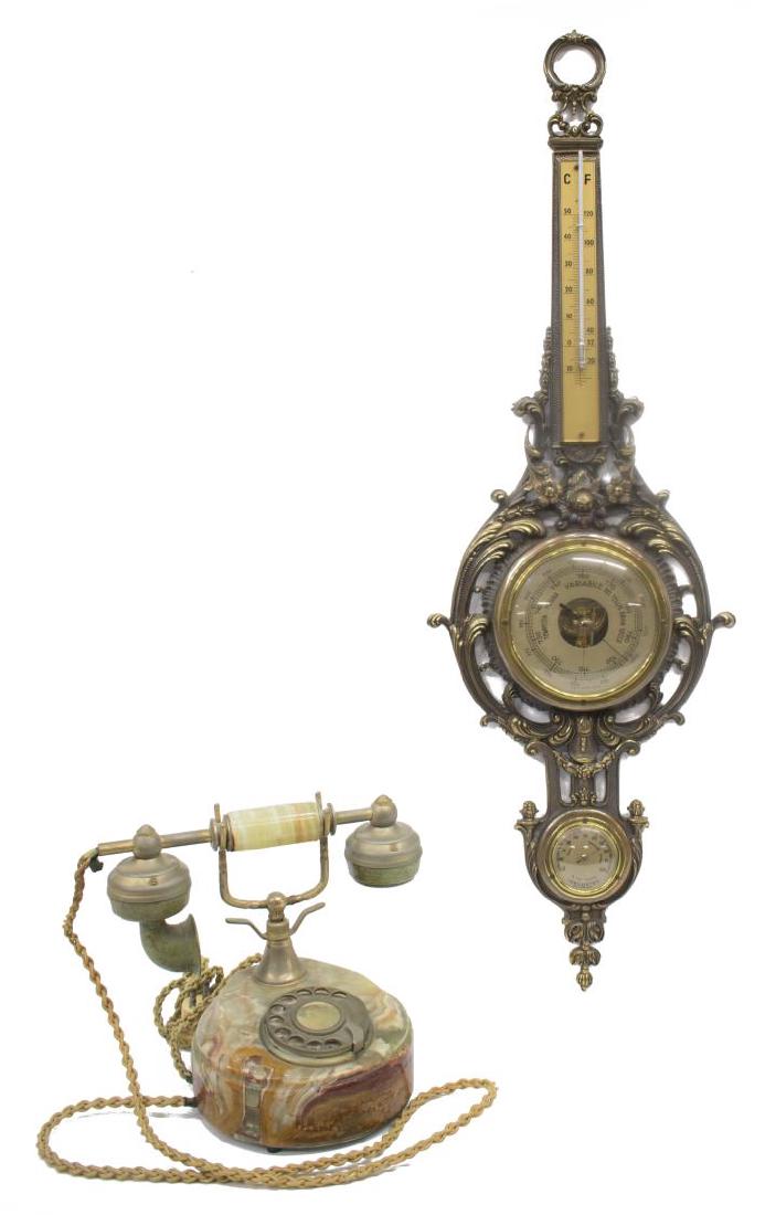 (2) CONTINENTAL ONYX PHONE & BRONZE BAROMETER: (lot of 2) Continental decorative items, 20th c., including: (1) onyx rotary phone, in need of new wiring, 8.5"h; (1) ornate bronze wall barometer, lacking barometer tube, 34"h; 11.5lbs total Start Pr