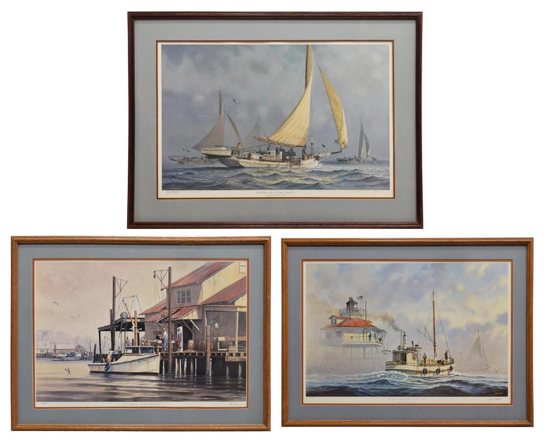 (3) JOHN BARBER LARGE EDITION MARINE PRINTS 20TH C: (lot of 3) Framed color prints, all signed in plate and in pencil lower margin John Barber (John Morton Barber, Texas 20th c.), all editions of 950, comprising: (1) "Oyster Dredging Aboard the Shipjac