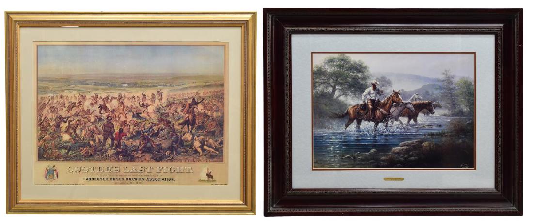 (2) FRAMED WESTERN PRINTS, CUSTERS LAST STAND: (lot of 2) Framed Western prints, comprising: (1) Anheuser-Busch lithograph, "Custer's Last Fight" after a painting by Cassilly Adams, published by Anheuser-Busch, sight: 21"h, 28"w, overall: 30.5"h, 