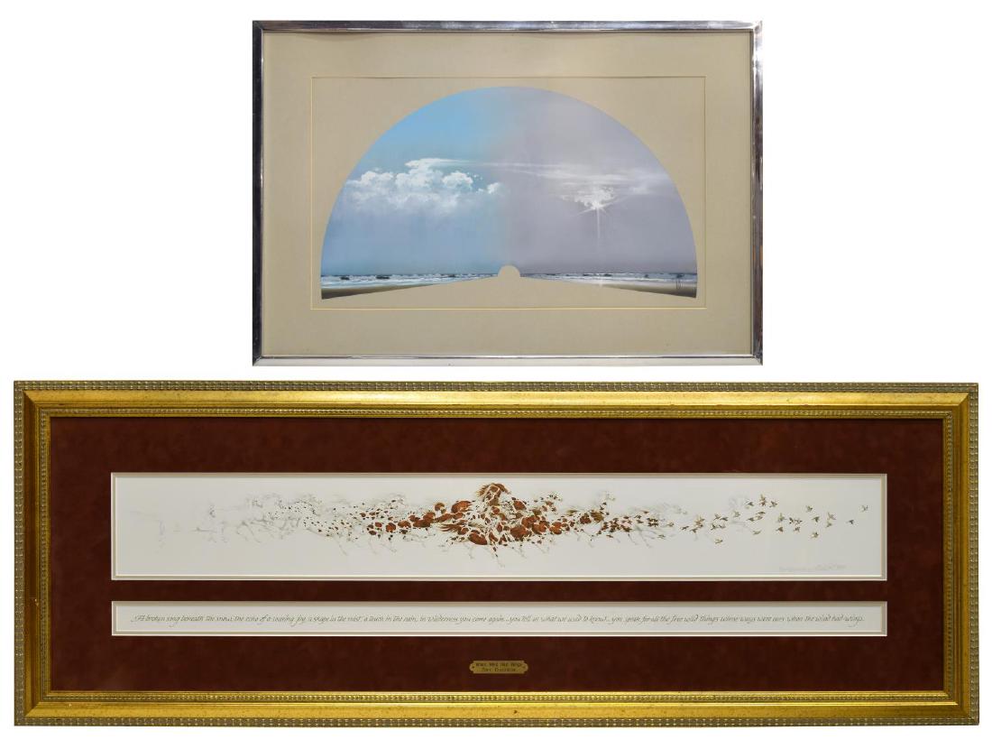 (2) FRAMED ARTWORK, BEV DOOLITTLE & LARRY ANSCHUTZ: (lot of 2) Framed artwork, comprising: (1) "When Wind Had Wings", horses, signed in plate and in ink, numbered 28263/57500, sight: 9.5"h, 45.5"w, overall: 21.5"h, 58"w; (1) watercolor on paper, Texas