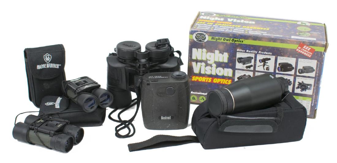 (5) NIGHT VISION,RANGE FINDER, NIKON BINOCULARS: (lot of 5) Night vision optics and Binoculars: (1) Night Owl Cyclops Ultra Compact Monocular-NOCU2, purchased from Cabelas in 1999, original box and instructions, infrared or LED mode, operating durin
