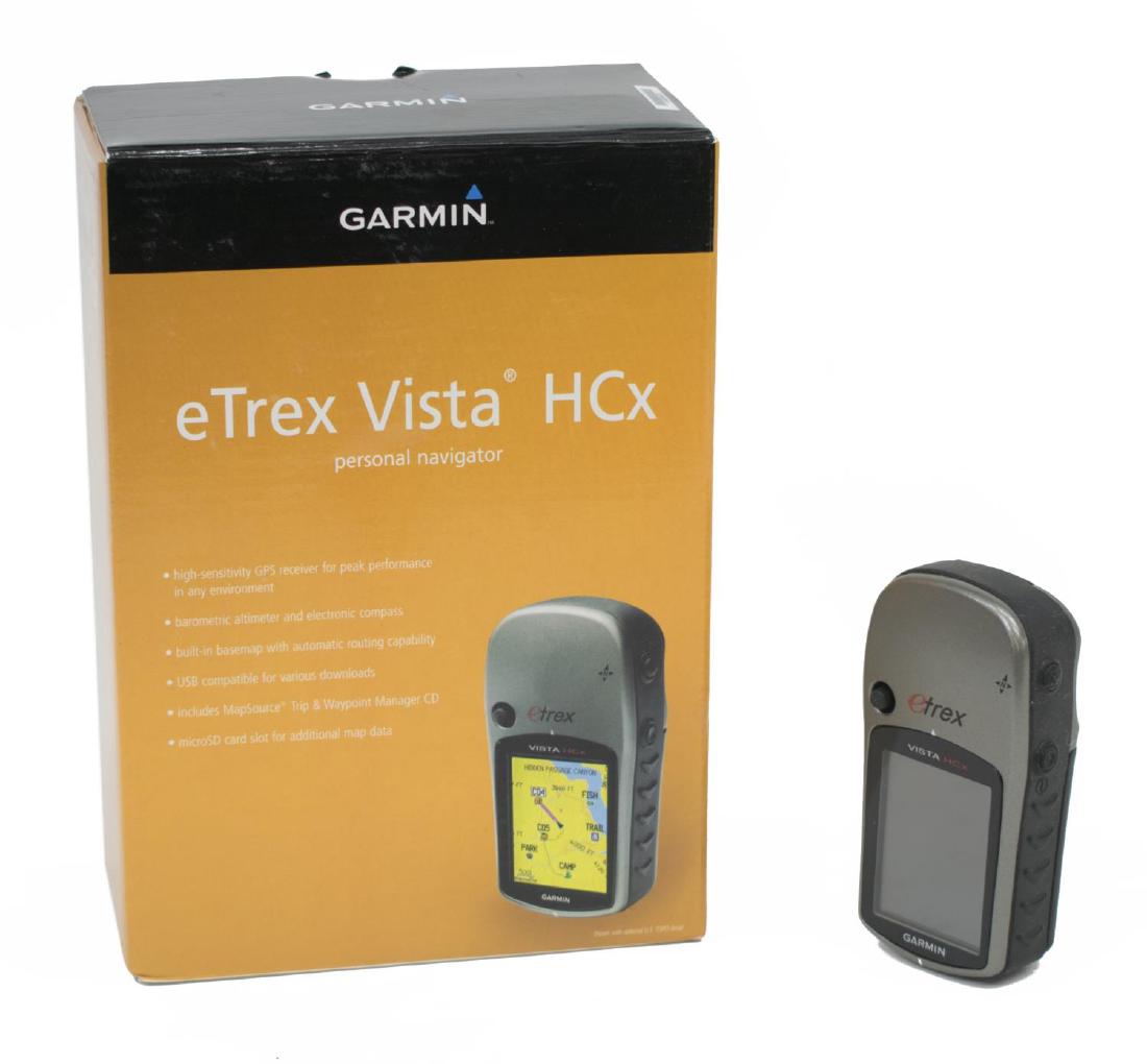 GARMIN GPS ETREX HCX, BOX & MANUAL, OPERATES: Garmin GPS, eTrex Vista HCx, operating, original box, instructions, uses alkaline or rechargeable lithium batteries, USB cable, micro SD card slot, compass, altimeter, box: 8.5"h, 6"w, 3.5"d, 1lb Star