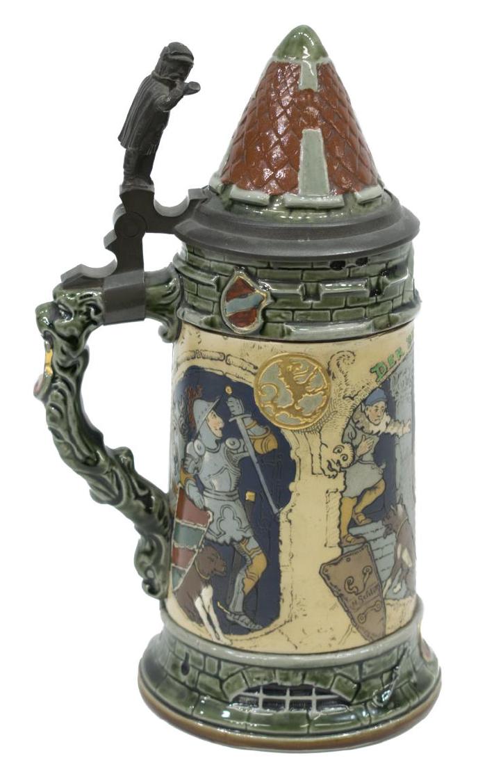 H SCHLITT METTLACH STEIN #2882, THE THIRSTY KNIGHT: Mettlach stein, #2882 II, titled "Der Durstige Ritter," (The Thirsty Knight), signed in shield H. Schlitt (Heinrich Schlitt,1849-1923), c. 1899, standing horn blower surmounting the figural handle, co