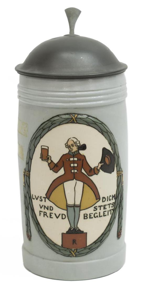 FRANZ RINGER METTLACH ETCHED STEIN, #3005: Mettlach etched stein with pewter lid, #3005, 1L, initialed in reserve on pedestal FR (Franz Ringer, 1865-1917), a drinking figure in redcoat reserved to the front, 9"h (to thumb rest), 2lbs *Provenan
