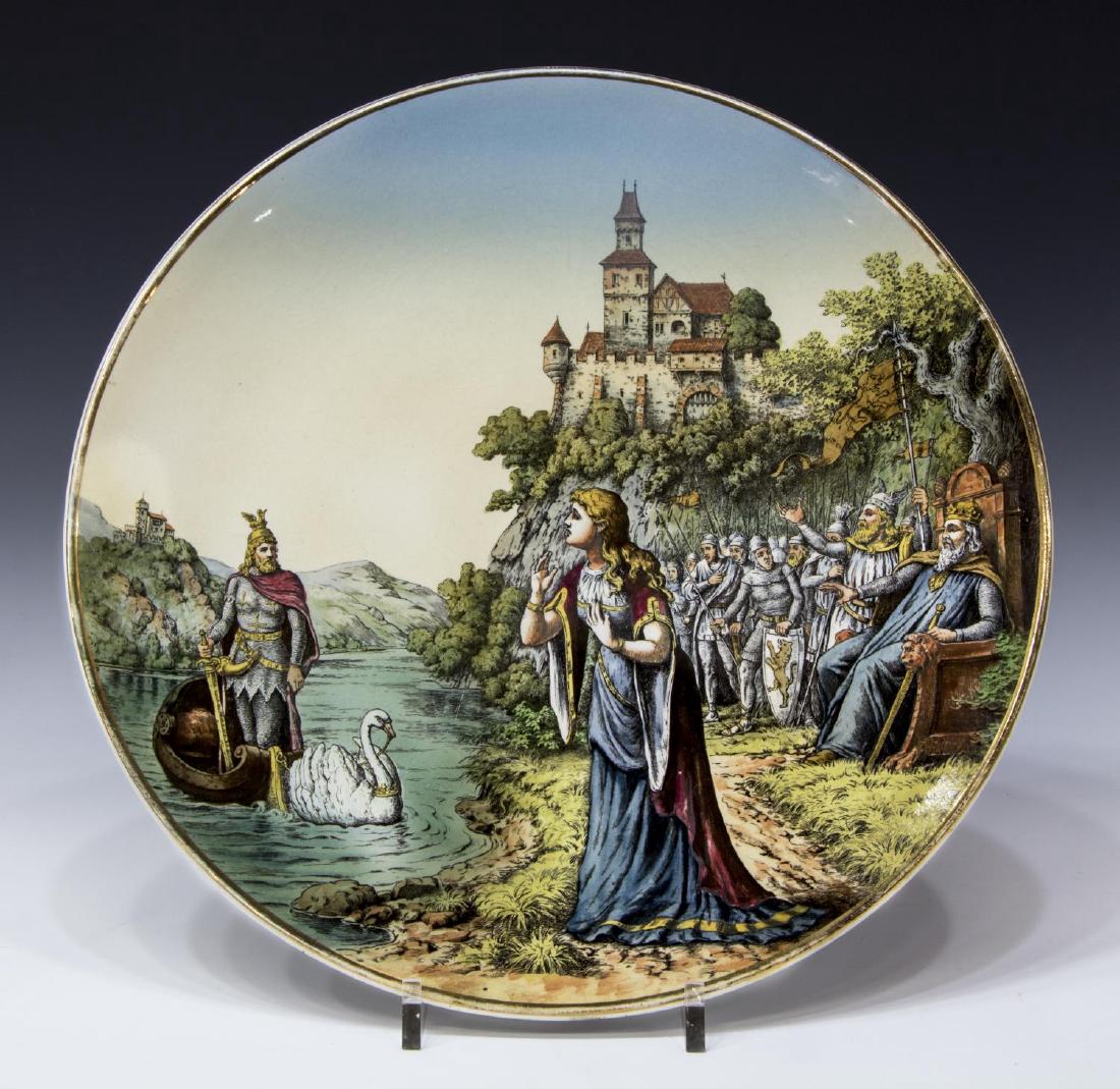 METTLACH PLAQUE, LOHENGRIN IN BOAT, #1044 / 263: Villeroy & Bach Mettlach charger, #1044 / 263, Lohengrin in a swan lead boat with maiden, figures and castle in the background, green Villeroy & Bach stamp verso under 263 and other marks, impressed 1