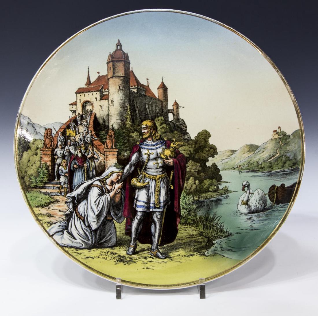 METTLACH PLAQUE, LOHENGRIN ON SHORE, #1044 / 264: Villeroy & Bach Mettlach charger, #1044 / 264, Lohengrin on shore, with figures and a castle in the background, green Villeroy & Bach stamp verso under 264 and other marks, impressed 1044, some gilt l
