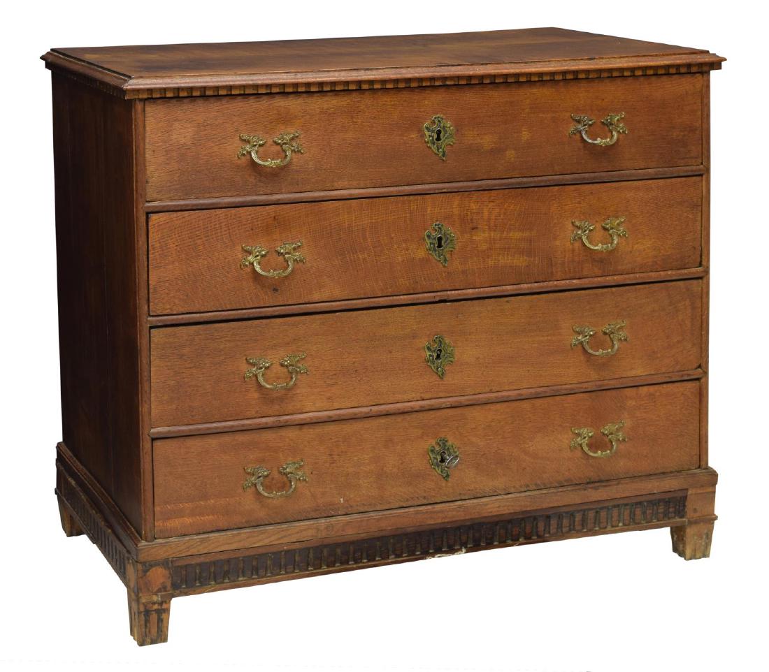 ANTIQUE DANISH FOUR DRAWER OAK CHEST: Danish antique oak chest, 19th c., four drawers with ornate hardware, 41"h, 45"w, 24"d Start Price: $150.00