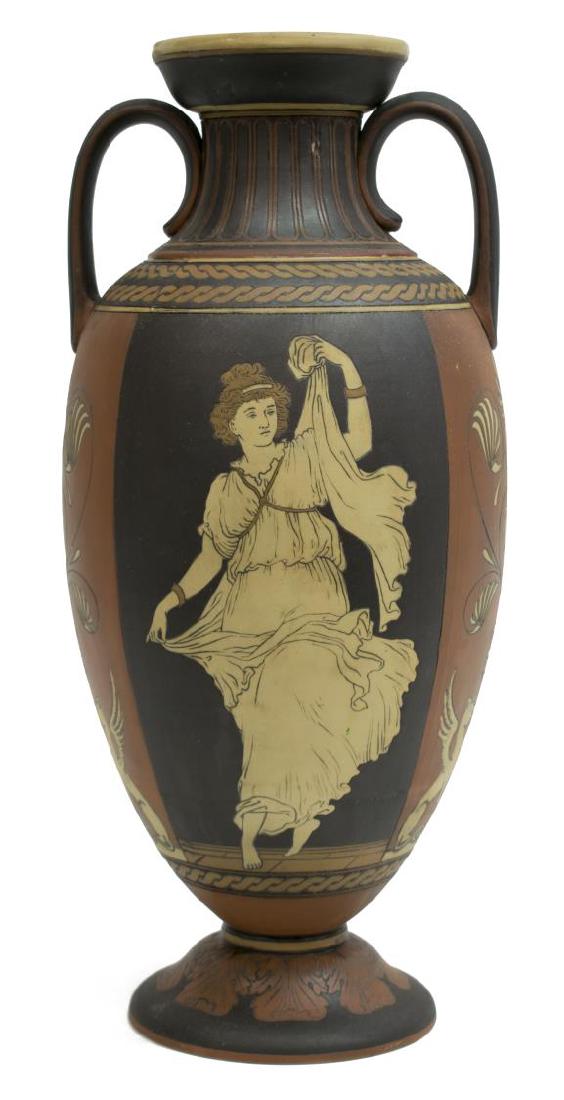 ANTIQUE METTLACH AMPHORA VASE, DANCING MAIDENS: Mettlach etched stoneware vase, #2453, c. 1880, of amphora shape with loop handles, decorated with dancing maiden to either side, seated griffins and anthemion plants to handled sides, pedestal foot w